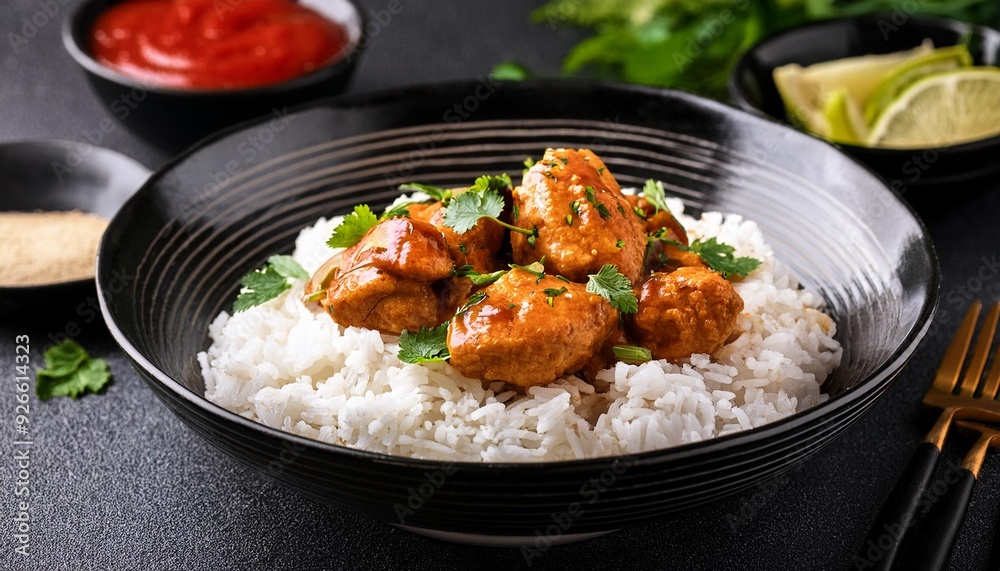 chicken asian rice indian dark traditional sauce garnish hot background masala. Generative AI. chicken asian rice indian dark traditional sauce garnish hot background masala. Generative AI.