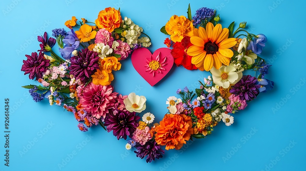 A heart-shaped arrangement of vibrant flowers, with a pink paper heart in the center, against a bright blue background.