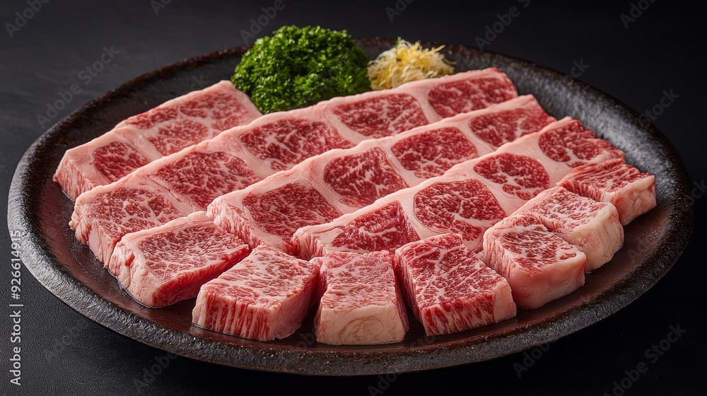 Fresh, marbled beef short ribs, sliced thin and ready for grilling, a traditional Japanese BBQ experience. Fresh, marbled beef short ribs, sliced thin and ready for grilling, a traditional Japanese BBQ experience.