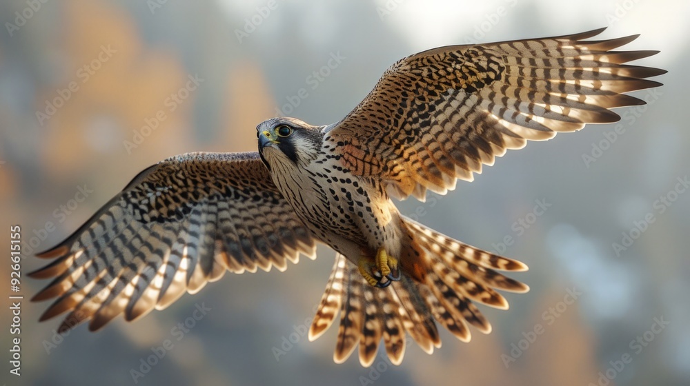 Fototapeta premium Powerful falcon in mid-flight, its wings cutting through the air with precision, set against a dramatic cloudy sky.