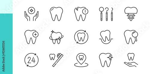Dental line icons set. Teeth, tooth, care, medical, oral cavity, hygiene, dentist, health, vector sign, symbol. Isolated on a white background. Pixel perfect. Editable stroke. 64x64.