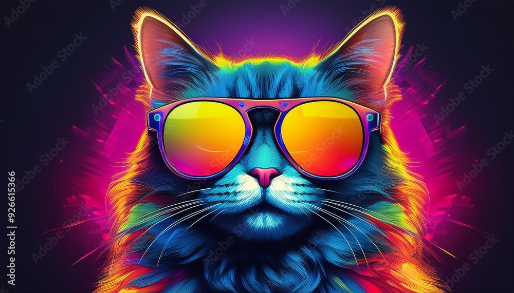 colourful neon funny portrait pet cat cute animal sunglasses fashion. Generative AI. colourful neon funny portrait pet cat cute animal sunglasses fashion. Generative AI.