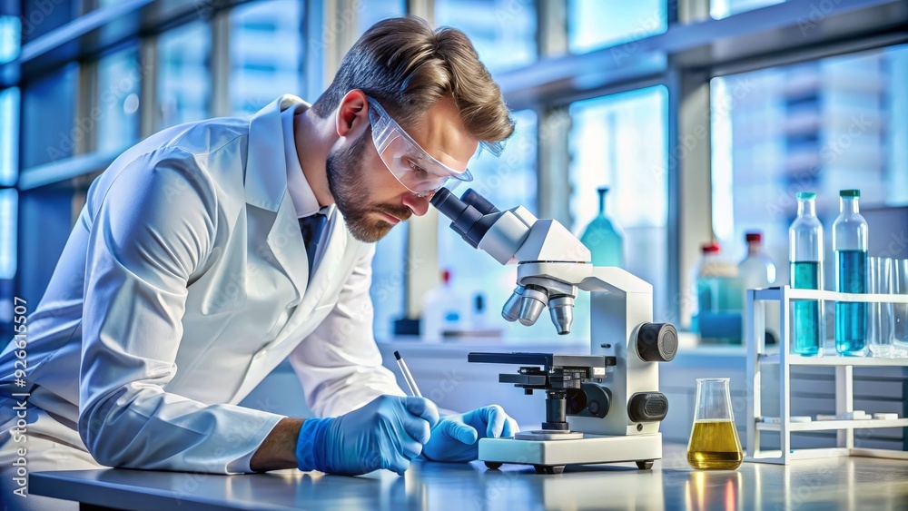 A focused scientist in a laboratory, surrounded by various equipment and samples, intently examines a microscope slide, seeking groundbreaking discoveries and innovations. A focused scientist in a laboratory, surrounded by various equipment and samples, intently examines a microscope slide, seeking groundbreaking discoveries and innovations.