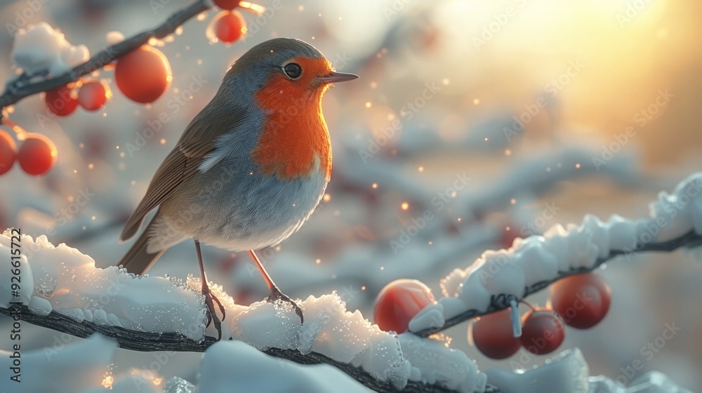 Robin perched on a snow-covered branch, its red breast standing out vividly against the white snow, with a soft winter light. Robin perched on a snow-covered branch, its red breast standing out vividly against the white snow, with a soft winter light.