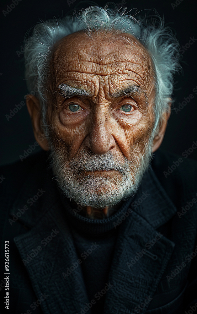 A man with a beard and gray hair is wearing a black jacket and a black sweater. He has a serious expression on his face A man with a beard and gray hair is wearing a black jacket and a black sweater. He has a serious expression on his face