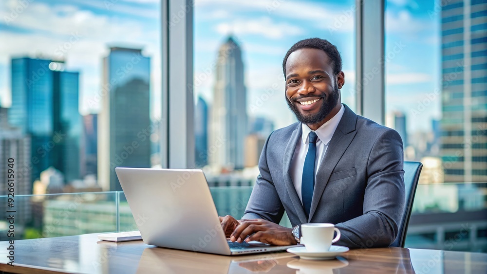 African American business professional smiling confidently while sitting at modern office desk, wearing a suit and working on laptop with cityscape background. African American business professional smiling confidently while sitting at modern office desk, wearing a suit and working on laptop with cityscape background.