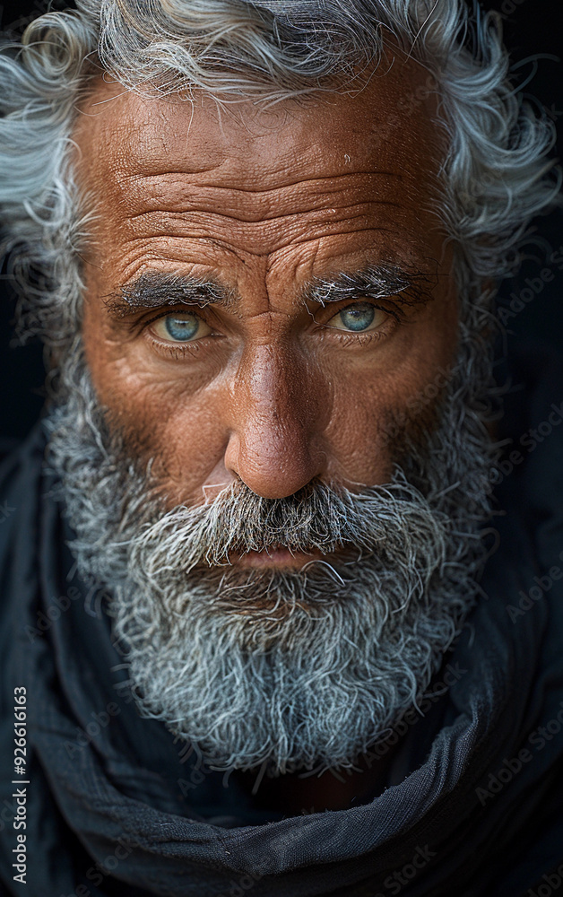 A man with a beard and gray hair is wearing a scarf. He has blue eyes and a serious expression