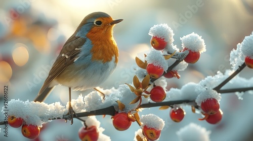 Robin perched on a snow-covered branch, its red breast standing out vividly against the white snow, with a soft winter light. photo