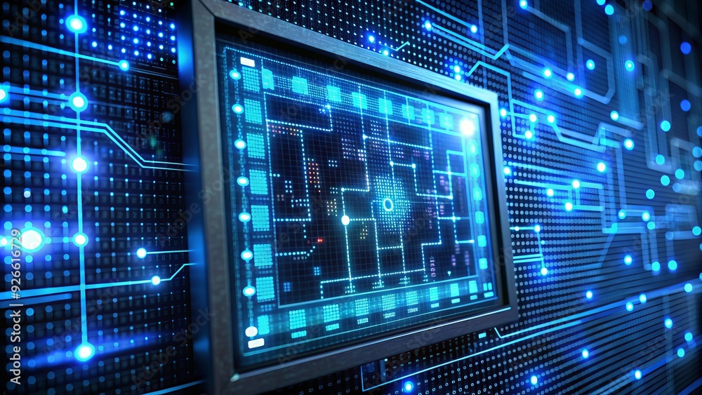 A futuristic computer terminal displays a stream of binary code and system alerts on a dark screen with neon blue accents and subtle grid patterns.