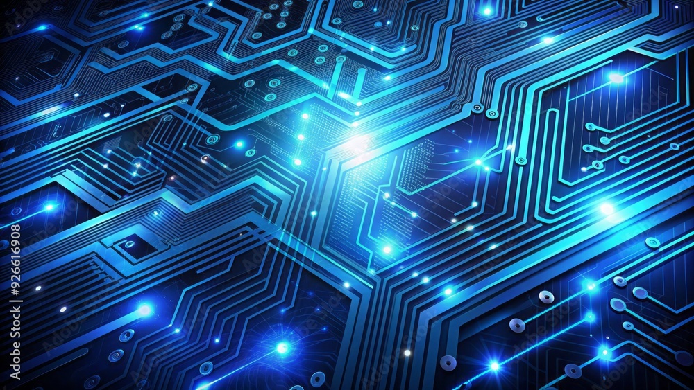 A futuristic glowing blue circuit board with scrolling code and abstract digital waves, conveying a sense of modern technology and fast-paced communication. A futuristic glowing blue circuit board with scrolling code and abstract digital waves, conveying a sense of modern technology and fast-paced communication.