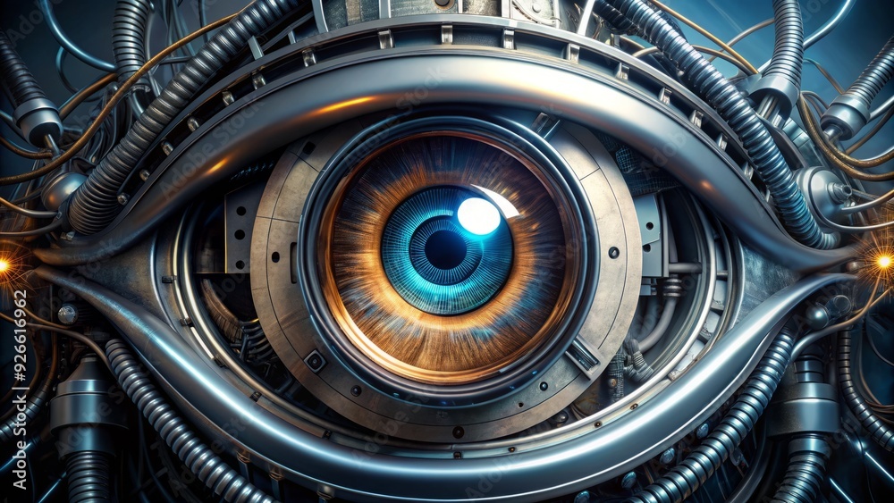 A futuristic, glowing, silver cyclops eye with a vertical pupil, surrounded by metallic machinery and wires, evoking a sense of sci-fi technology and artificial intelligence. A futuristic, glowing, silver cyclops eye with a vertical pupil, surrounded by metallic machinery and wires, evoking a sense of sci-fi technology and artificial intelligence.