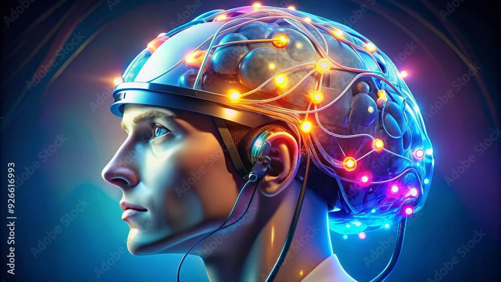 a futuristic helmet with flashing lights and wires performs transcranial magnetic stimulation on a brain, treating neurological disorders. a futuristic helmet with flashing lights and wires performs transcranial magnetic stimulation on a brain, treating neurological disorders.