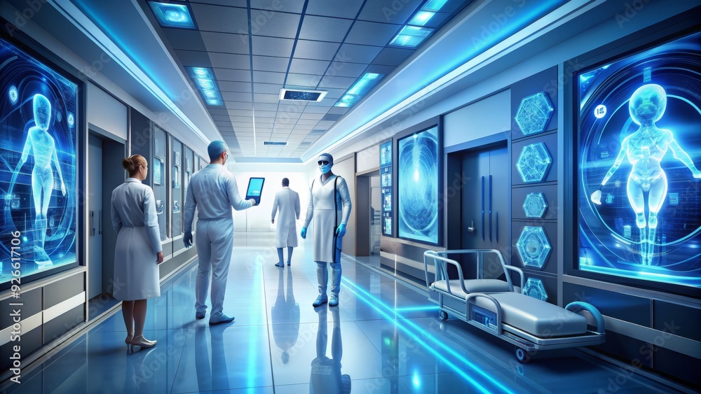 Fototapeta premium A futuristic hospital corridor with virtual reality screens and robotic nurses, symbolizing the integration of technology and medical innovation for improved patient care.