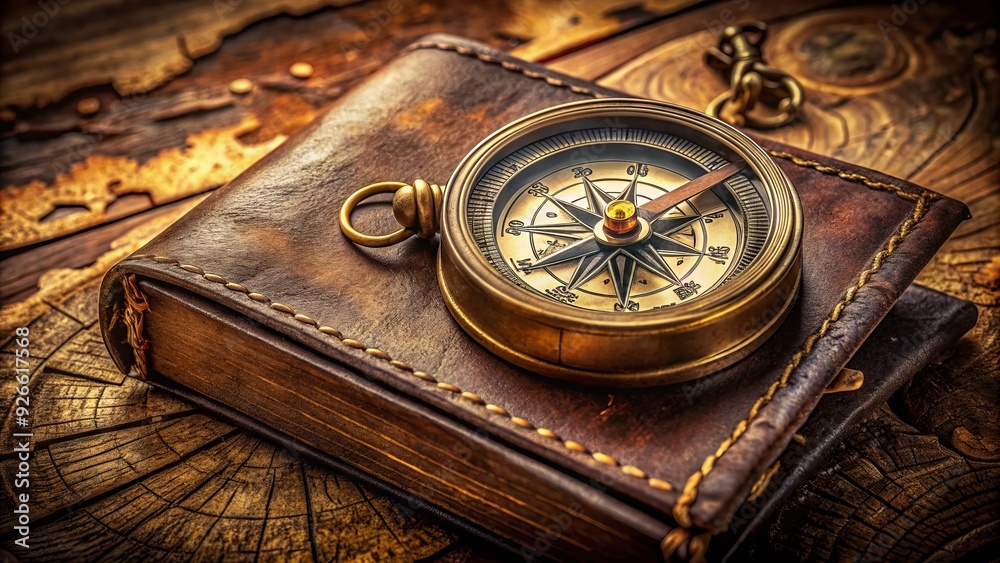 Aged, brass compass with worn, wooden casing, adorned with intricate engravings, resting on a vintage, distressed, leather-bound book, evoking a sense of adventure and nostalgia. Aged, brass compass with worn, wooden casing, adorned with intricate engravings, resting on a vintage, distressed, leather-bound book, evoking a sense of adventure and nostalgia.