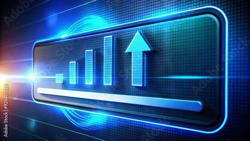 A futuristic virtual screen displays a progress bar and upward arrow, symbolizing a successful software or system version update with improved features and functionality.