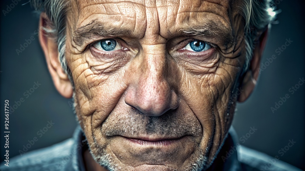 Aged male face with wrinkles, stubble, and striking blue eyes, gazing directly at the camera with a hint of introspection and warmth. Aged male face with wrinkles, stubble, and striking blue eyes, gazing directly at the camera with a hint of introspection and warmth.