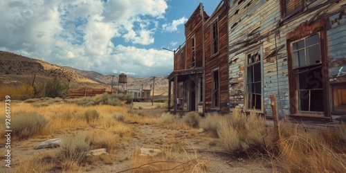 An abandoned building in a desolate landscape under a cloudy sky, showcasing the rustic charm of a forgotten era.