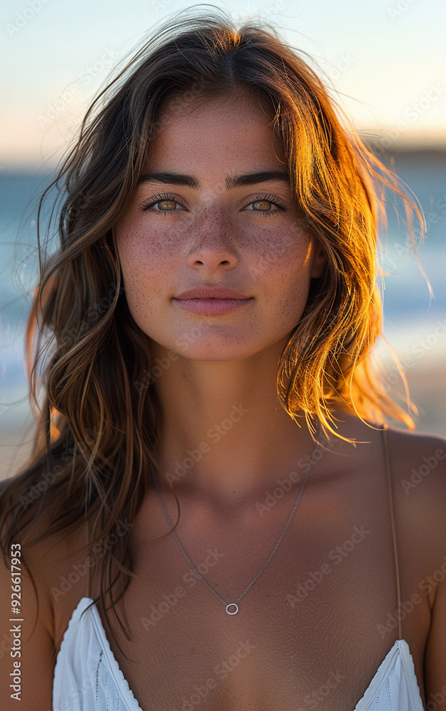 A woman with brown hair and a necklace is smiling at the camera. The necklace is silver and has a circle design A woman with brown hair and a necklace is smiling at the camera. The necklace is silver and has a circle design