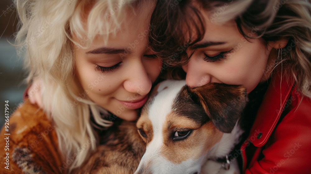 In a serene outdoor setting, two close friends share a heartfelt moment cuddling their beloved dog, illustrating the essence of their enduring friendship and shared love for animals In a serene outdoor setting, two close friends share a heartfelt moment cuddling their beloved dog, illustrating the essence of their enduring friendship and shared love for animals