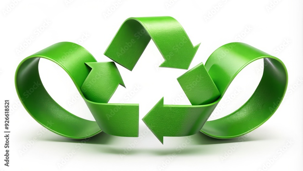 A green arrows-formed Mobius strip surrounds the chasing arrows recycling logo on a white background, symbolizing eco-friendly sustainable recycling practice and environmental responsibility. A green arrows-formed Mobius strip surrounds the chasing arrows recycling logo on a white background, symbolizing eco-friendly sustainable recycling practice and environmental responsibility.