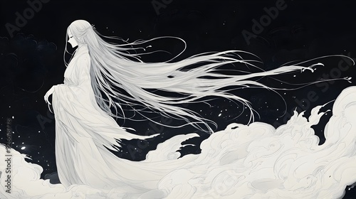 Ethereal Yurei Drifting Silently in the Monochromatic Night Landscape