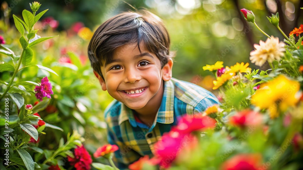 A happy, curious, young Latino boy with a big smile and bright eyes explores the outdoors, surrounded by lush greenery and vibrant flowers. A happy, curious, young Latino boy with a big smile and bright eyes explores the outdoors, surrounded by lush greenery and vibrant flowers.