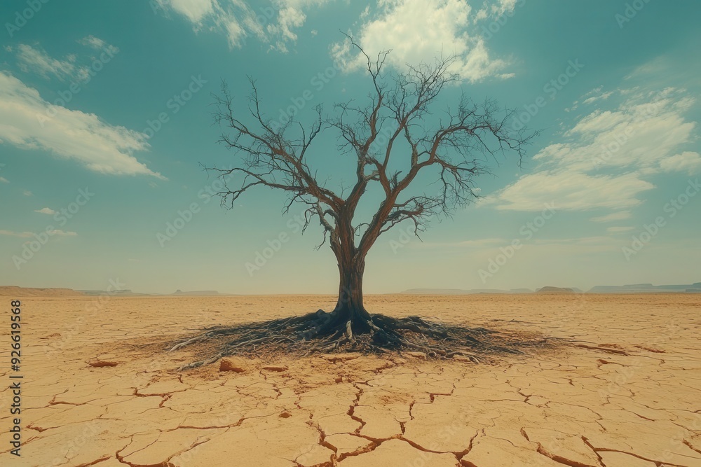haunting image of dead tree in vast desert landscape barren earth cracking around gnarled roots stark silhouette against hazy sky environmental crisis concept haunting image of dead tree in vast desert landscape barren earth cracking around gnarled roots stark silhouette against hazy sky environmental crisis concept