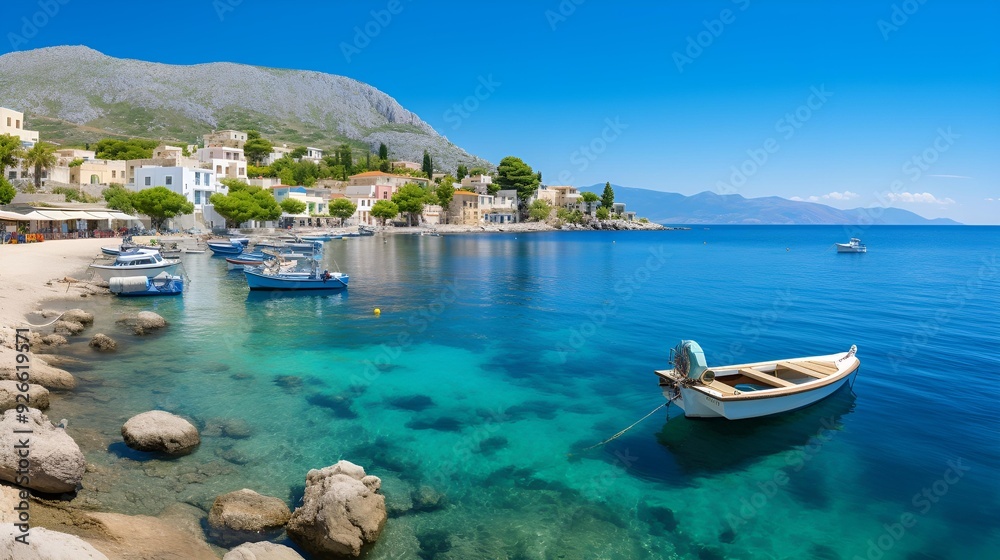 A picturesque beach scene featuring boats and charming houses lining. A picturesque beach scene featuring boats and charming houses lining.