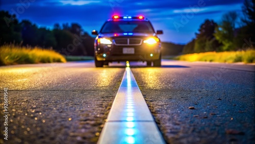 A horizontal line on the ground marks the walking path for a sobriety test, lit by a police car's flashing lights in the dark evening air. photo