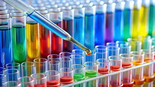 A laboratory pipette filled with a colored liquid is held above a microcentrifuge tube, ready to transfer a precise amount of sample for analysis. photo