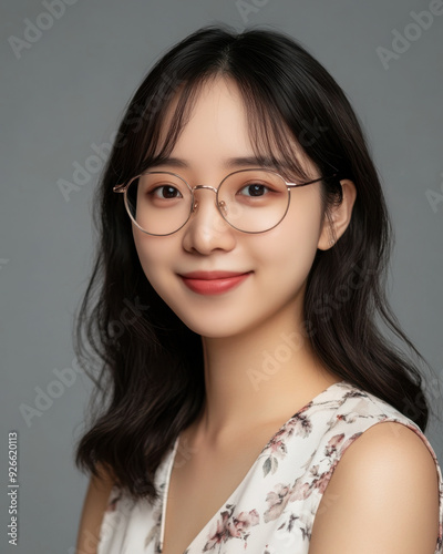 Professional studio photo of a happy Chinese woman