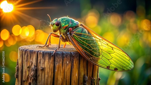 A large cicada perchs on a weathered wooden fence post, its vibrant green body and delicate wings illuminated by warm sunlight in a serene natural setting. photo