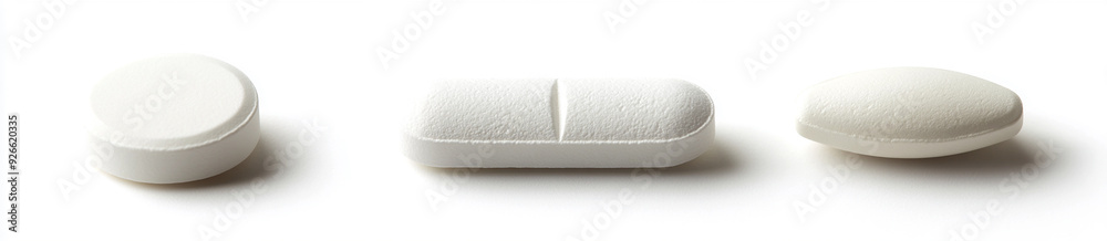 A set of white pills in different shapes and sizes, each on its own line isolated against the background A set of white pills in different shapes and sizes, each on its own line isolated against the background