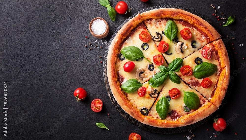 food background pizza black food italian copy herb fast cheese tomato meal space. Generative AI. food background pizza black food italian copy herb fast cheese tomato meal space. Generative AI.