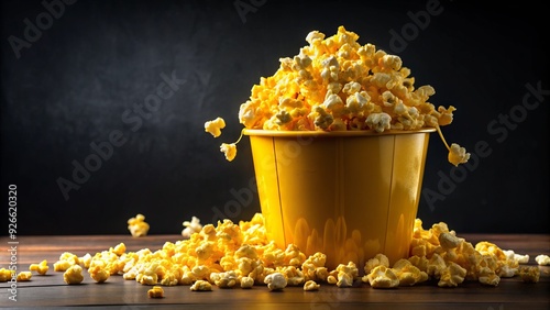 A large, overflowing bucket of freshly popped popcorn in a vibrant yellow tone, with a few kernels spilling over the edge, against a dark background. photo