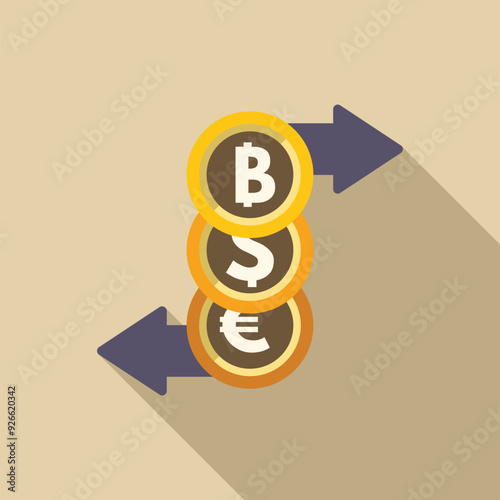 Currency exchange concept showing converting bitcoin, dollar and euro with arrows