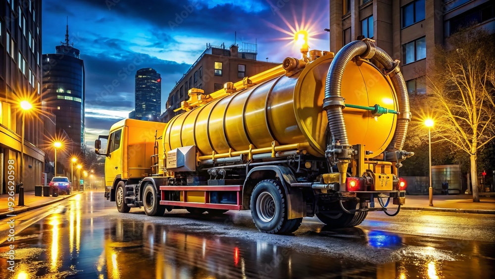 A large, yellow, municipal sewage tanker truck with flashing lights and a vacuum hose is parked on a dirty, wet city street at night. A large, yellow, municipal sewage tanker truck with flashing lights and a vacuum hose is parked on a dirty, wet city street at night.