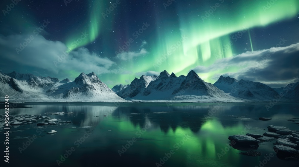 Naklejka premium Nighttime Tranquility: Aurora over Frozen Glacier Reflecting Dramatic Sky