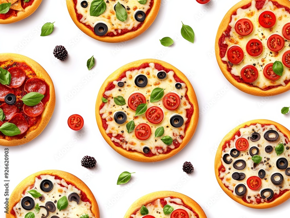 A Flatlay of Different Pizzas with Toppings Blackberries and Basil Leaves on a White Background A Flatlay of Different Pizzas with Toppings Blackberries and Basil Leaves on a White Background