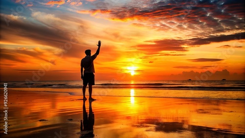 A lone figure stands at attention, hand raised in solemn salute, against a vibrant orange sunset with darkened shadows cast on the sandy beach.