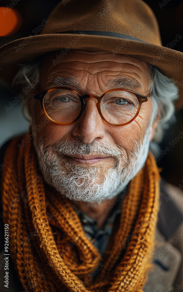 A man with a brown hat and glasses is smiling. He is wearing a scarf and a jacket