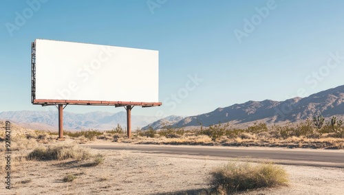 Blank billboard in desert landscape with mountains.