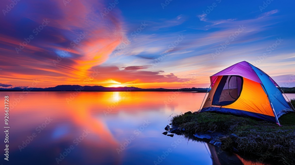 Serene Riverside Campsite at Sunset with Tent by Water, Peaceful Outdoor Adventure Scene with Colorful Sky Serene Riverside Campsite at Sunset with Tent by Water, Peaceful Outdoor Adventure Scene with Colorful Sky
