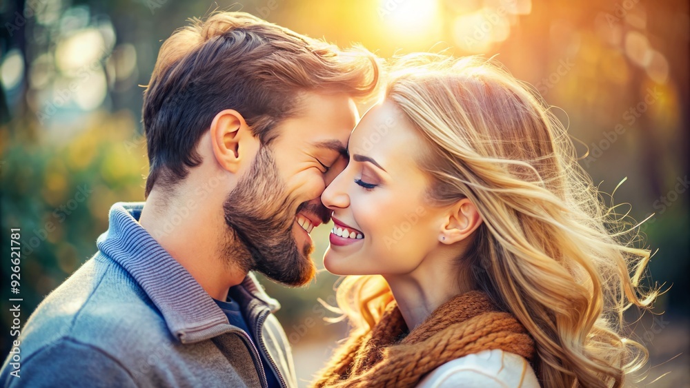 A loving couple shares a tender kiss, both beaming with joy and happiness, their faces aglow with warm, bright smiles in a romantic moment. A loving couple shares a tender kiss, both beaming with joy and happiness, their faces aglow with warm, bright smiles in a romantic moment.