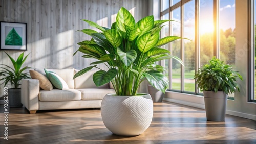 A lush, vibrant dieffenbachia plant thrives in a modern, minimalist indoor space, its large, oval leaves a bright, uplifting addition to the sleek decor. photo