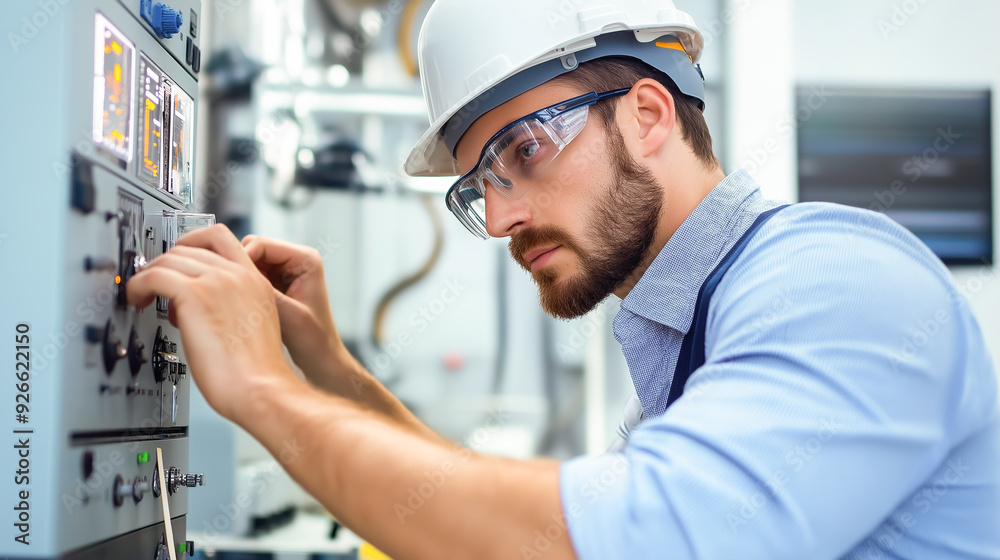 Engineer wearing a hard hat and protective glasses works on adjusting control panels in a technical environment, ensuring precision and safety Engineer wearing a hard hat and protective glasses works on adjusting control panels in a technical environment, ensuring precision and safety
