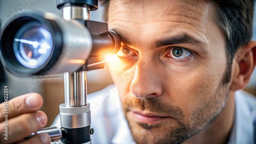 A magnifying oto-opthalmoscope shines light into a patient's eye during a routine vision checkup at a modern medical clinic or doctor's office. photo