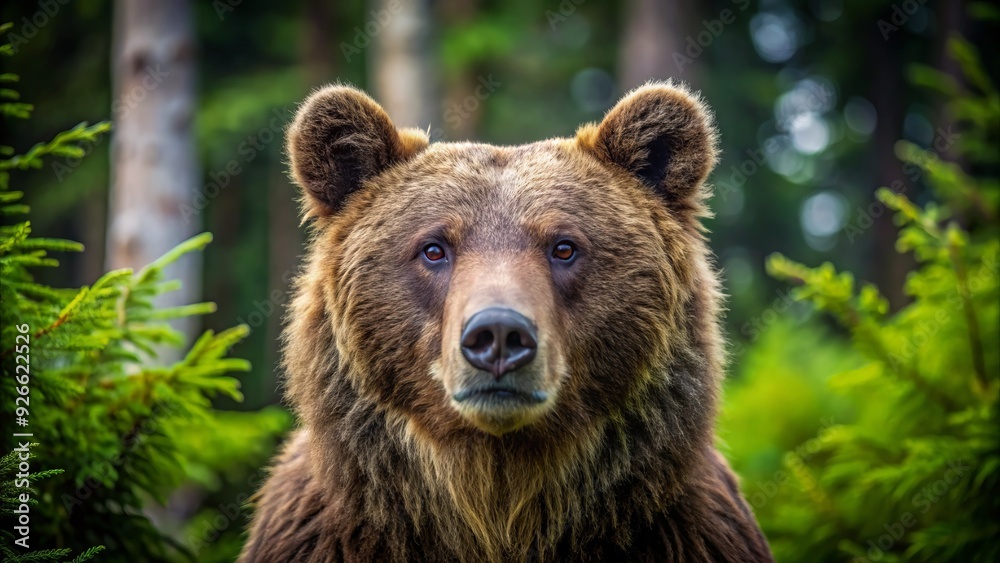 A majestic brown bear's curious face gazes directly at the camera, its expressive eyes and nose surrounded by thick, luxurious fur in a serene forest. A majestic brown bear's curious face gazes directly at the camera, its expressive eyes and nose surrounded by thick, luxurious fur in a serene forest.