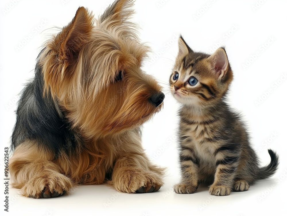 Curious Kitten Gazes Up at Yorkshire Terrier White Background Curious Kitten Gazes Up at Yorkshire Terrier White Background