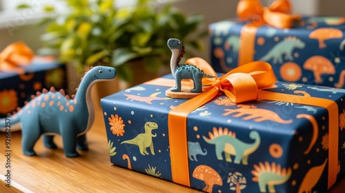 DinosaurThemed Gift Box with Orange Ribbon CloseUp Perspective Wooden Surface Festive and Joyful Concept 181 characters photo